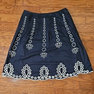 Beth Bowley Anthropologie Embroidered Elegant Navy and White Skirt
